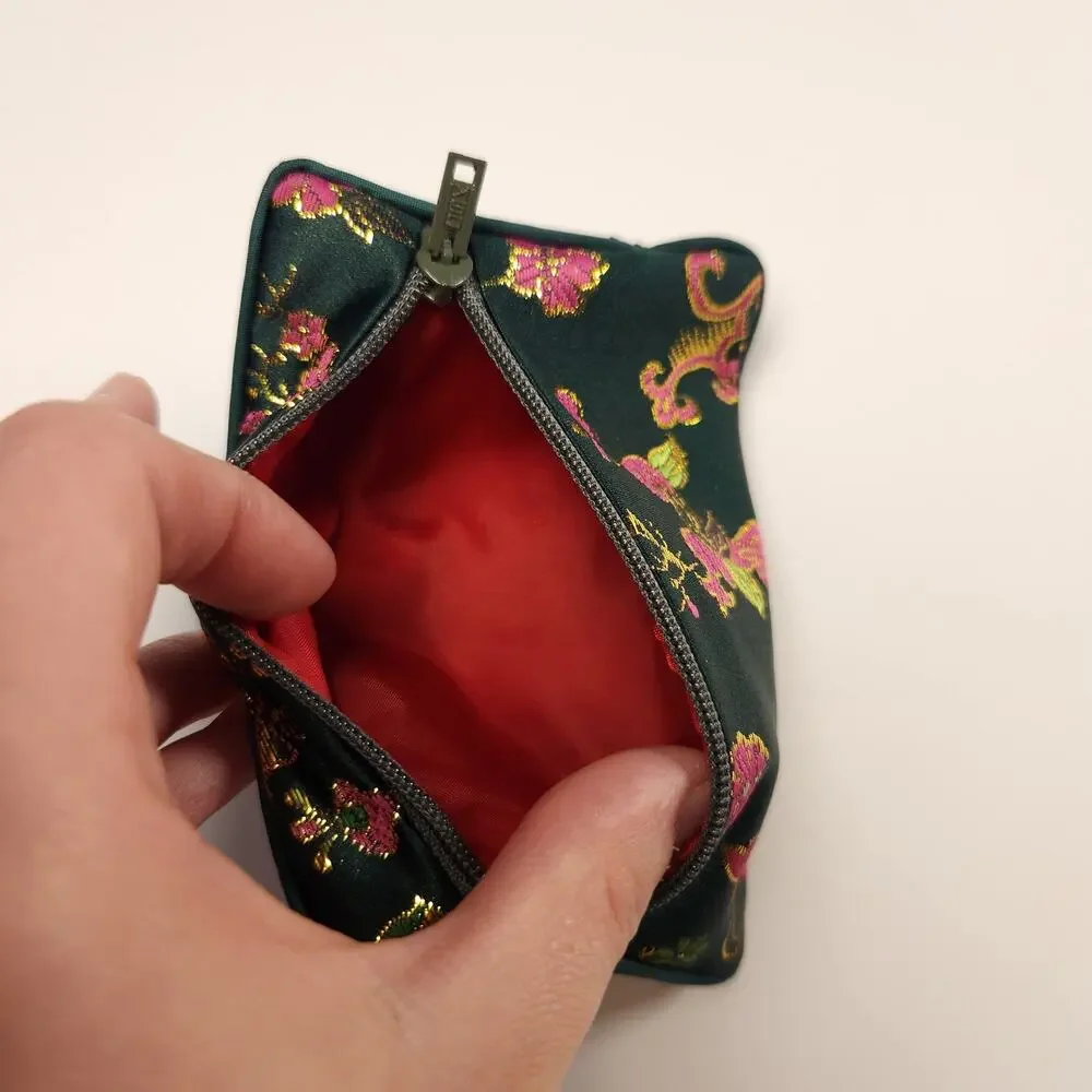 Asian Brocade Silk Coin Purse - Green Floral Zipper Pouch with Red Satin Lining